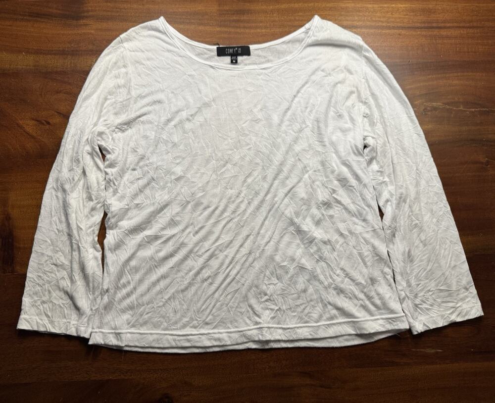 COMFY USA Women’s White Slubby Round Neck Long Sleeve T Shirt Sz M